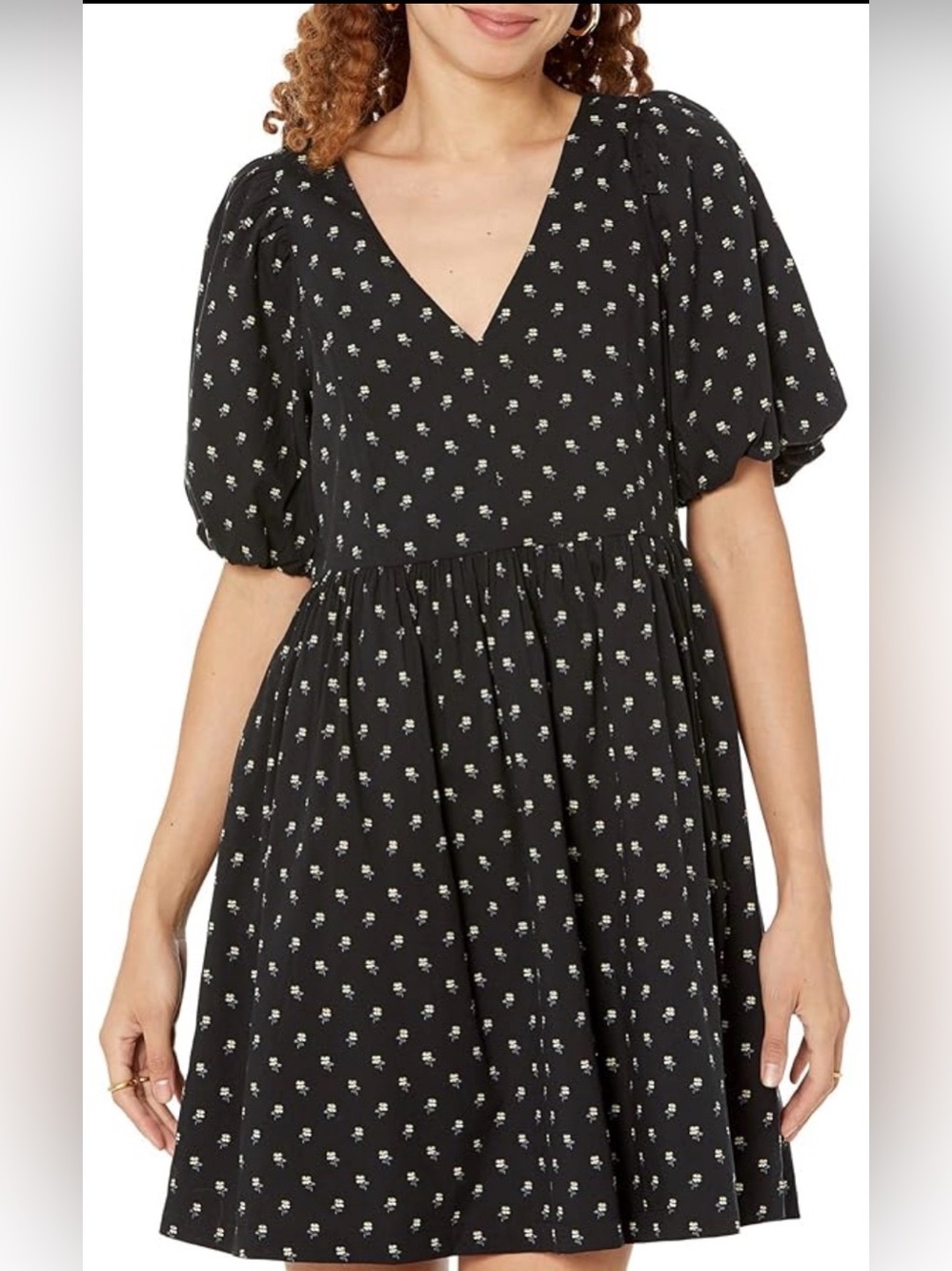 Madewell Black Puff-Sleeve Floral Wrap Dress